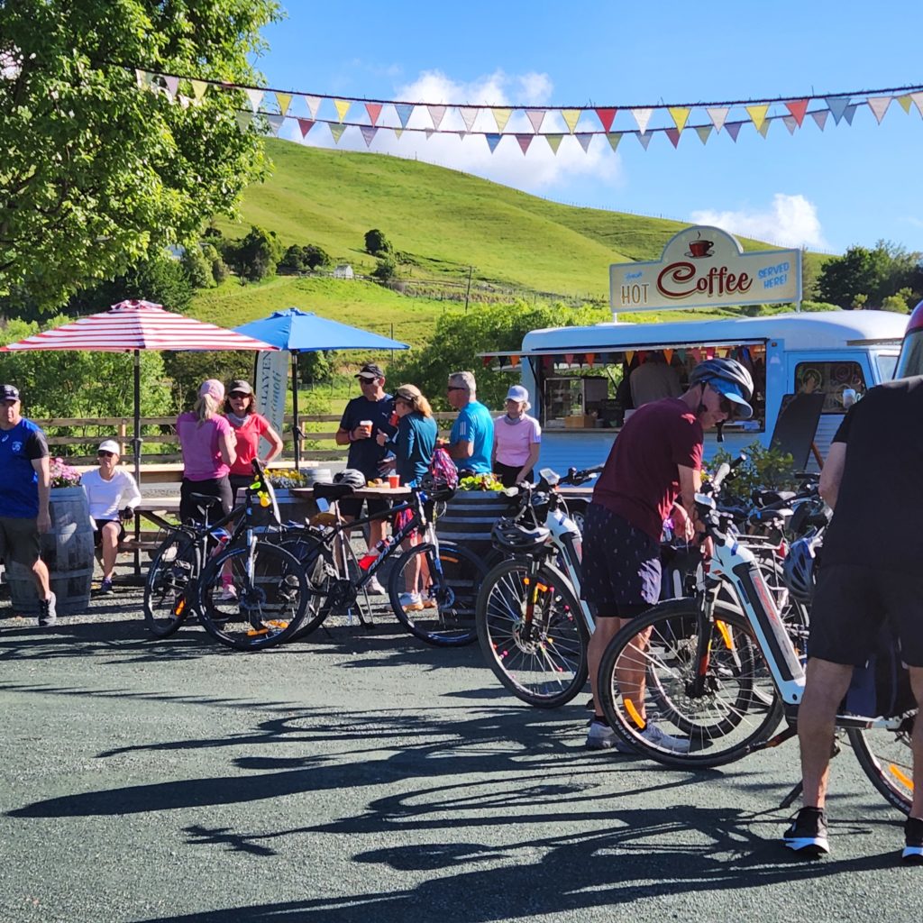 Cyclists at River Haven coffee cart