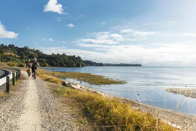 Cyclists along the Great Taste Trail by the sea
