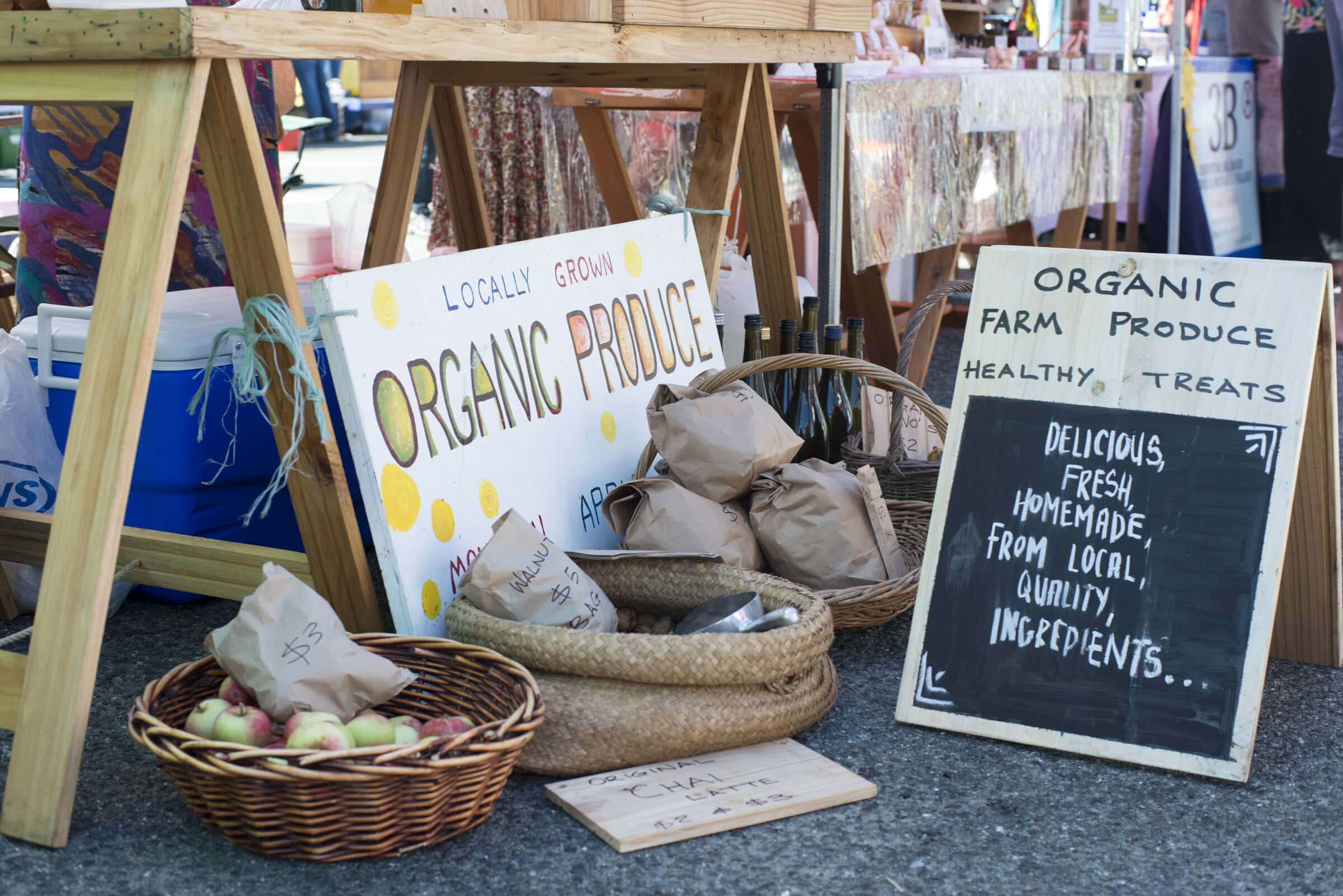 Local organic produce for sale at a market stall